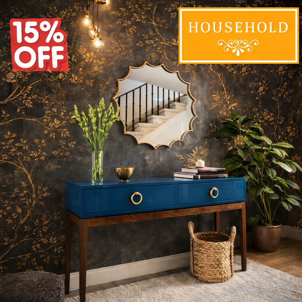 Ocean Blue Console Table with Scalloped Designer Wall Mirror