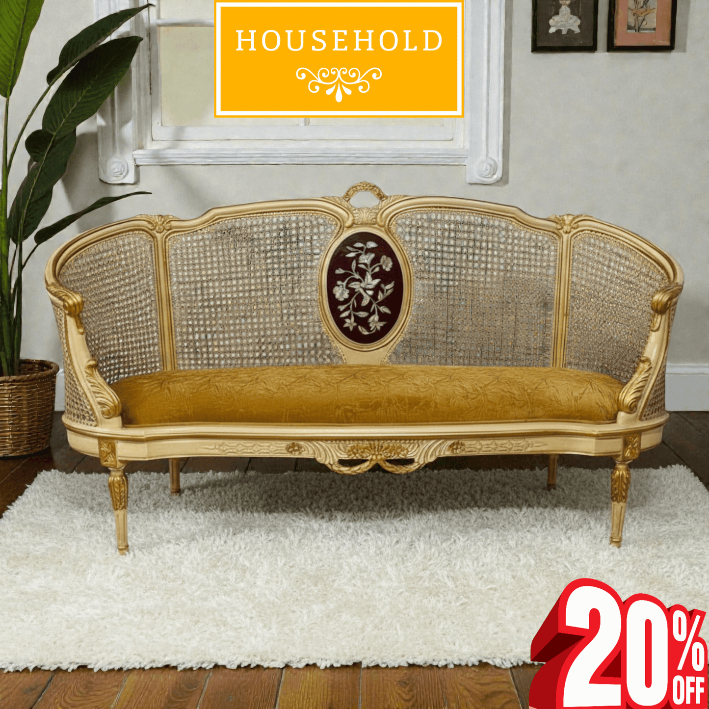 Cane Back Vintage Sofa – Gold Finish - Household Item