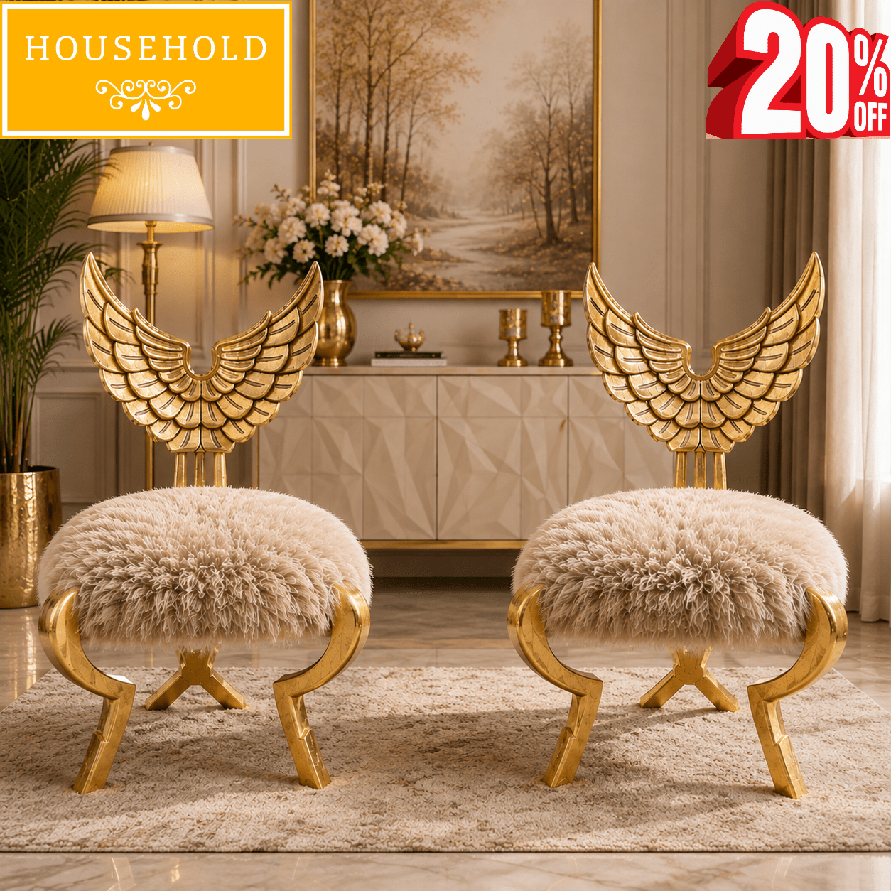 Golden Angel Wing Carved Accent Chairs – Set of 2 - Household Item