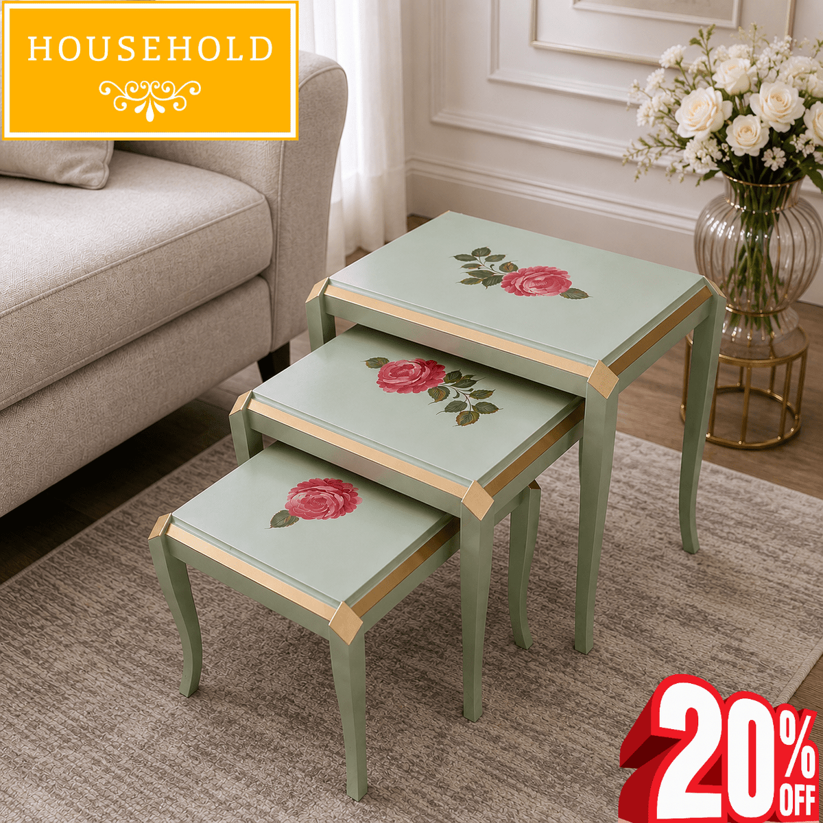 Rose Hand-Painted Nesting Tables | Set of 3 Side Tables - Household Item
