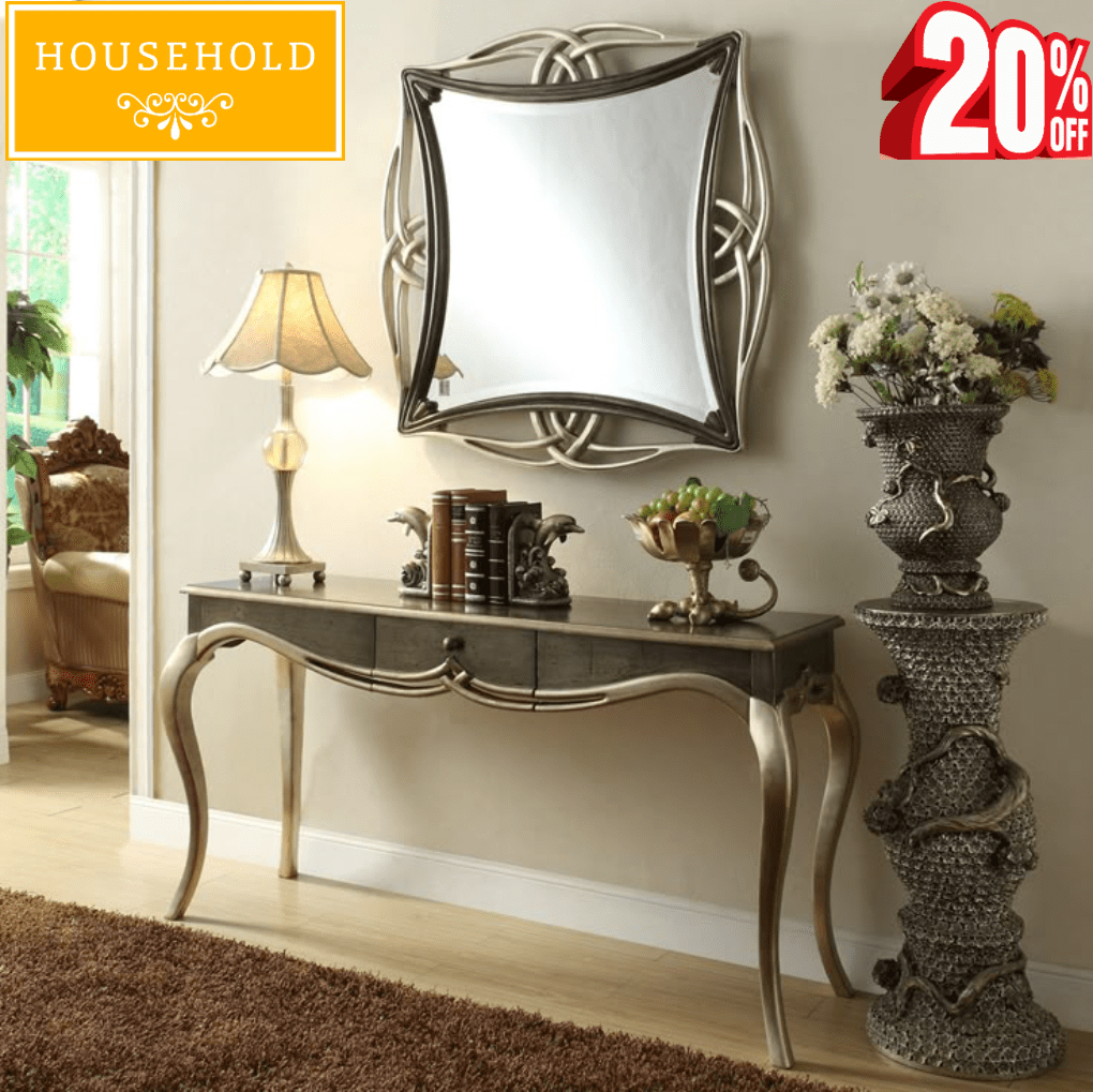 Royal silver carved console table with designer wall mirror for living room and hallway décor