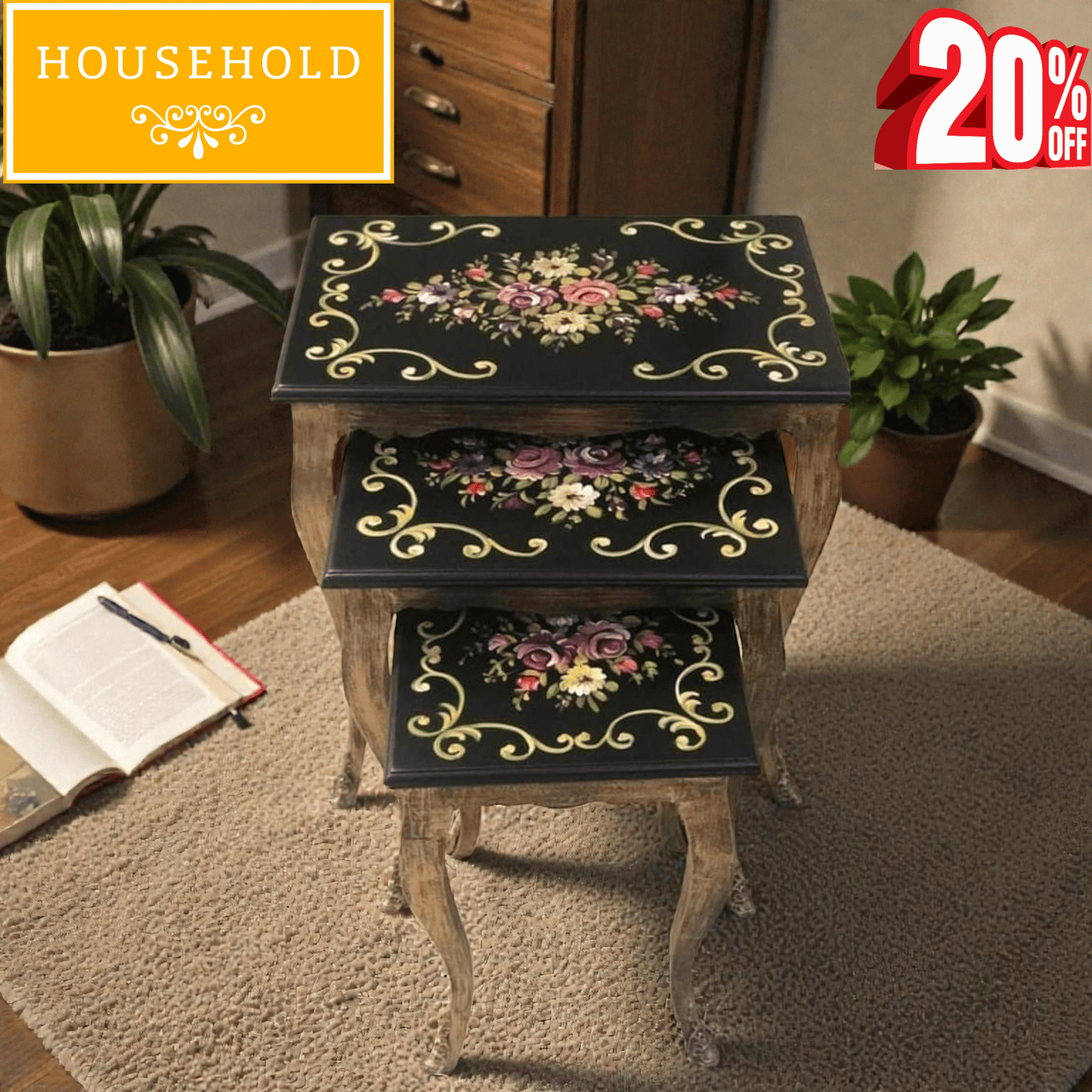 Vintage hand-painted floral nesting tables set of 3 with black finish and golden detailing