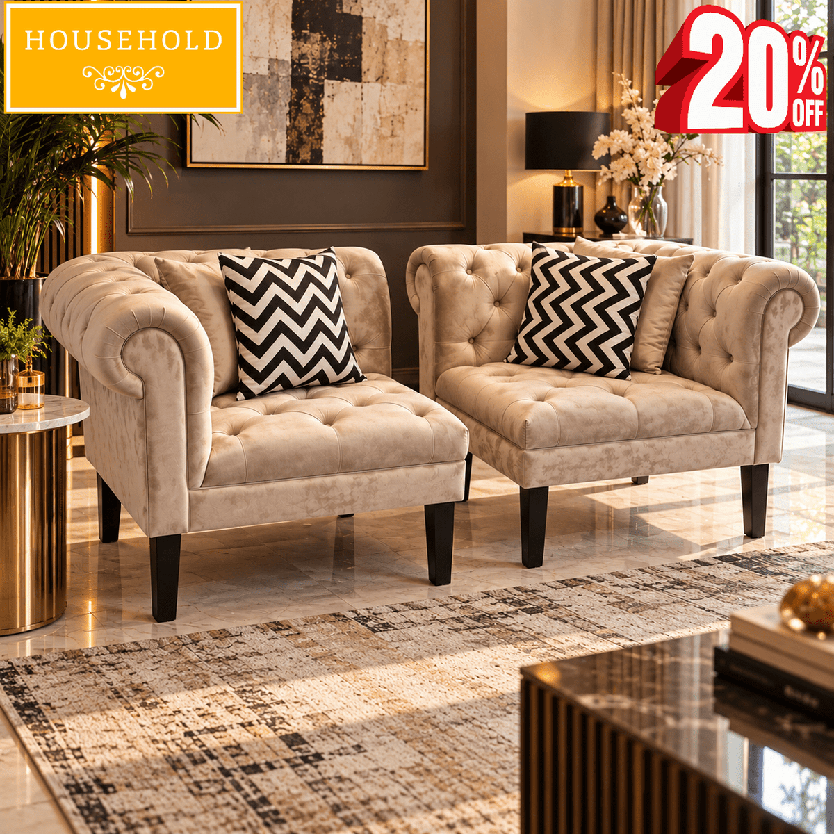 Classic Beige Roll Arm Sofa (Pair) - Household Item