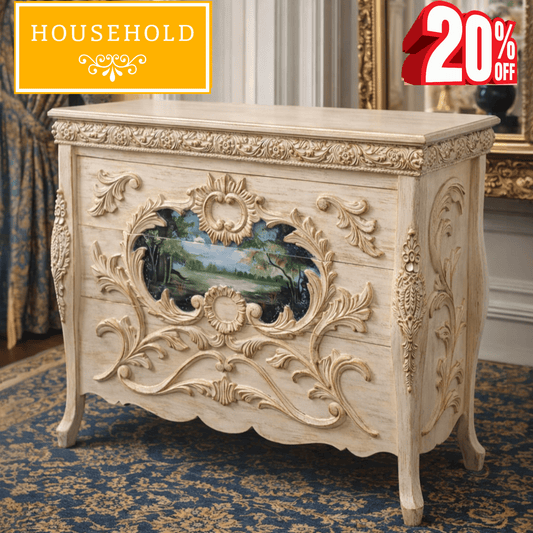 French Vintage Hand-Carved Console Chest with Scenic Art Panel - Household ItemHousehold Item