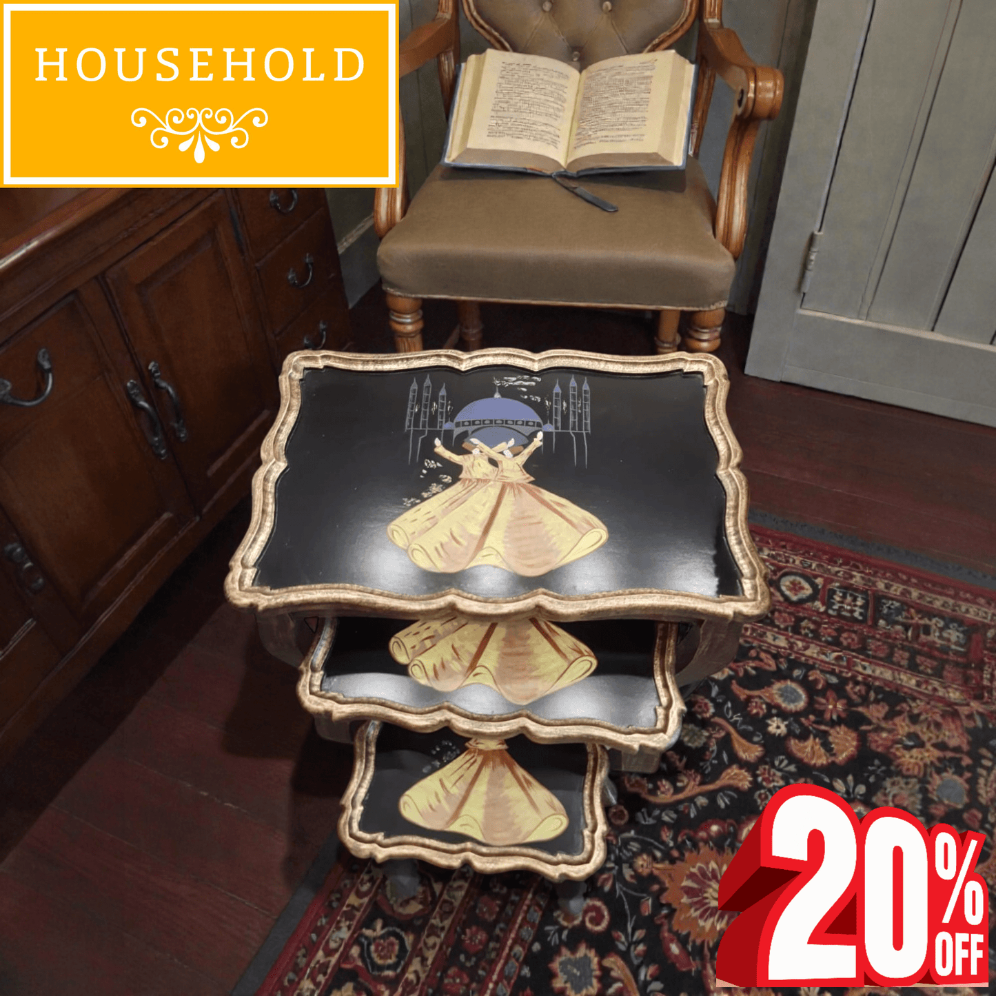 Golden Sufi Nesting Tables – Hand - Painted Spiritual Art Set - Household Item