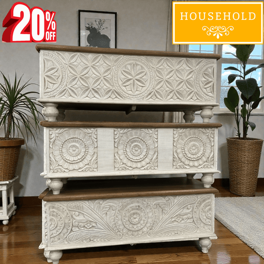 Hand Carved Wooden Storage Chest – 4ft Wide Decorative Console by HOUSEHOLD - Household Item
