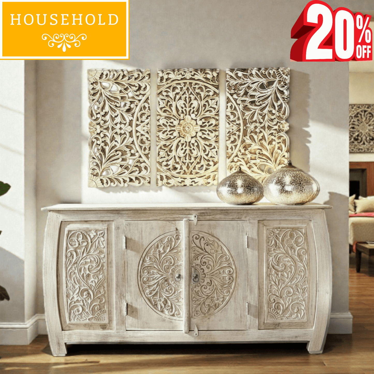 Imperial Carved Whitewash Sideboard Cabinet with Wall Panels - Household Item