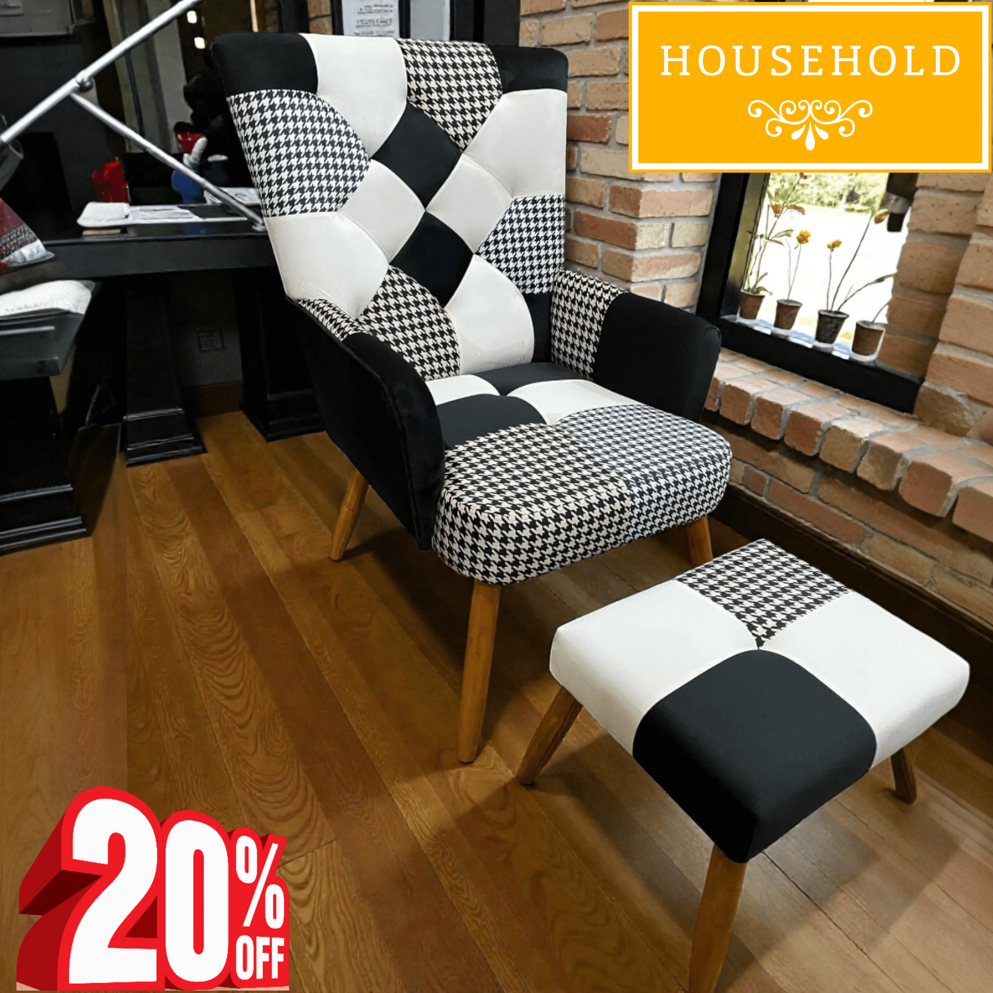 Monochrome Royale Armchair with Ottoman Stool - Household Item