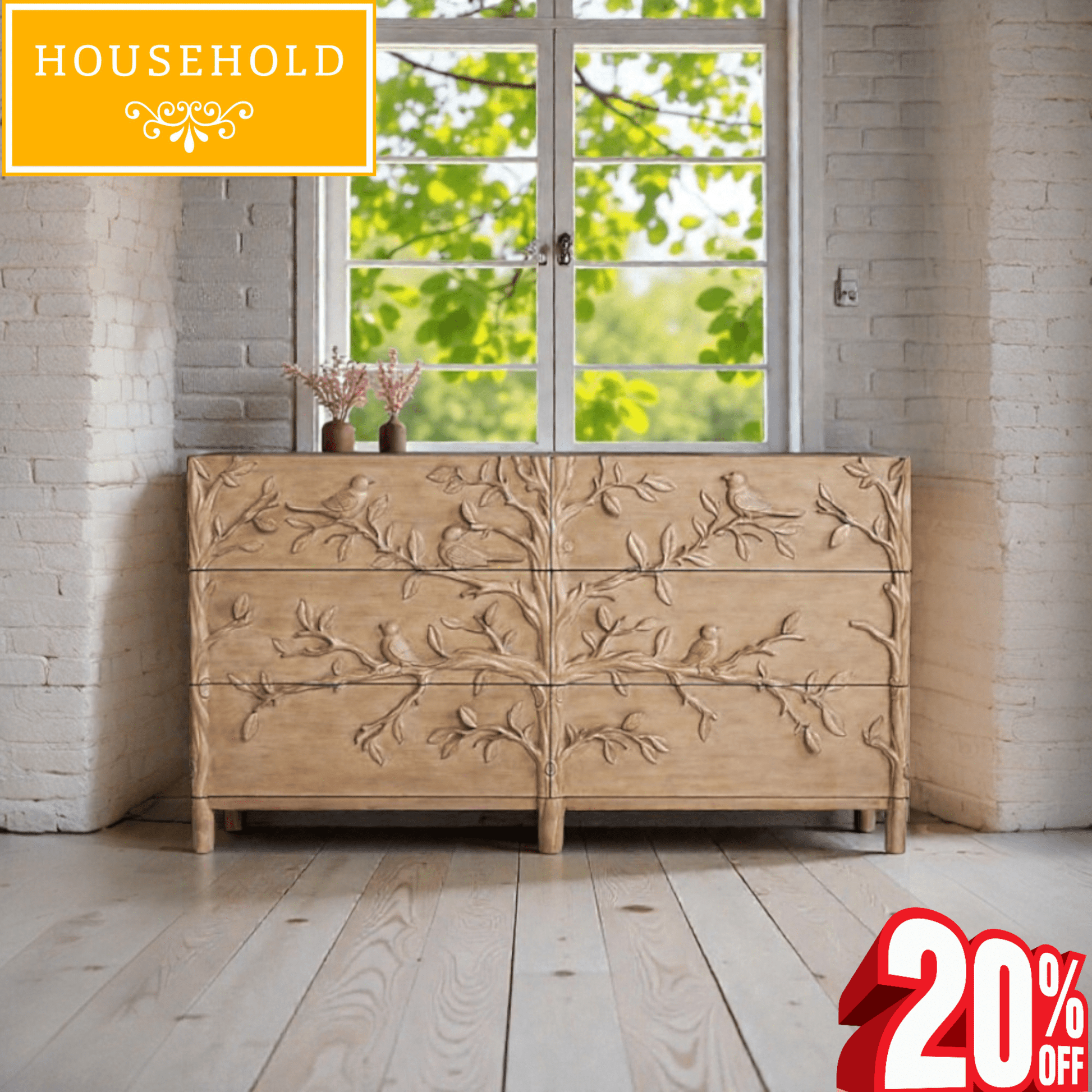 Ornithology Hand Carved Wooden Sideboard with 6 Drawers - Household Item