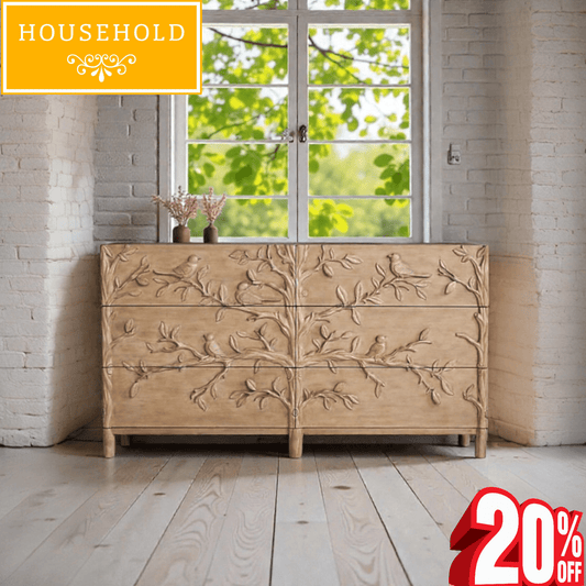 Ornithology Hand Carved Wooden Sideboard with 6 Drawers - Household Item