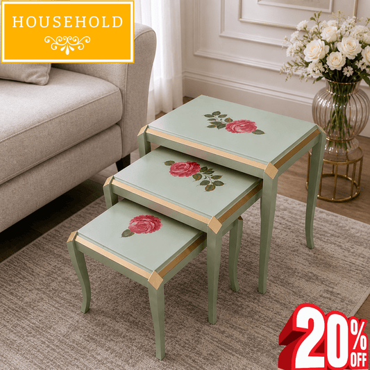 Rose Hand-Painted Nesting Tables | Set of 3 Side Tables - Household Item