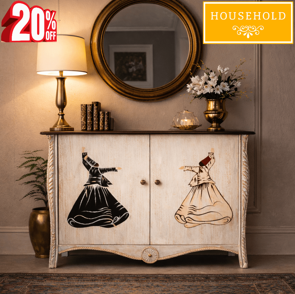 Whirling Dervish Console Cabinet with Round Mirror – Artistic Wooden Storage Unit - Household Item