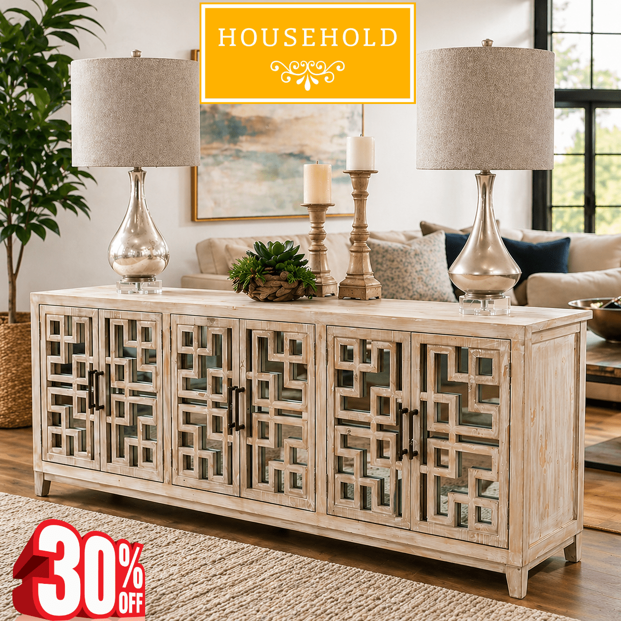 Wooden Sideboard Cabinet with Geometric Doors – Luxury Console Storage Unit - Household Item